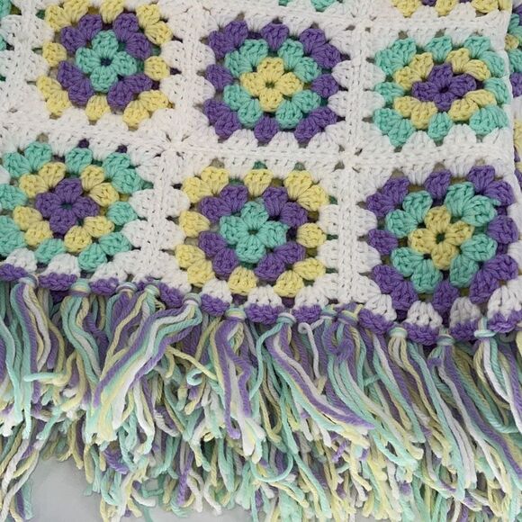 Handmade Vintage Crochet Knit Afghan Throw Blanket Pastel 47”x74” - Picture 5 of 7